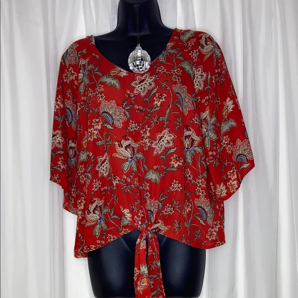 Como Vintage Red Flutter Sleeve Blouse with Tie Front